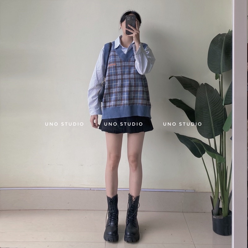 Áo gile len xanh kẻ sọc kèm hình thật