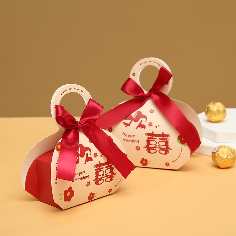 Set 10 Hộp Giấy Đựng Bánh Kẹo Đám Cưới Hình Chữ Hỷ Buộc Nơ Đỏ Xinh Xắn 8*5*14cm MARRYSTORE