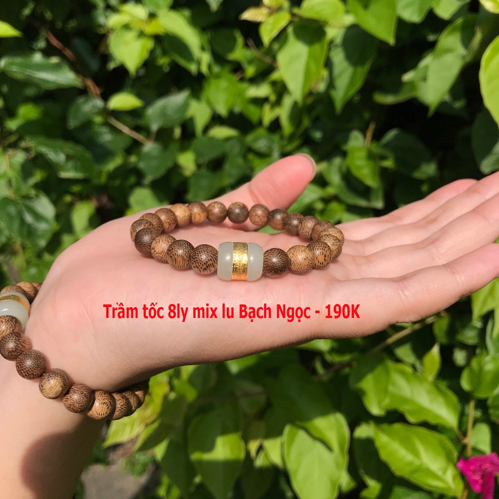 (Chuẩn trầm) Vòng tay Trầm Tốc 8ly mix lu thống Bạch Ngọc