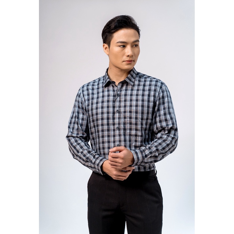 Áo sơ mi nam dài tay OWEN AR23217D somi công sở vải lô hội cao cấp màu kẻ caro xám dáng suông tà lượn có túi