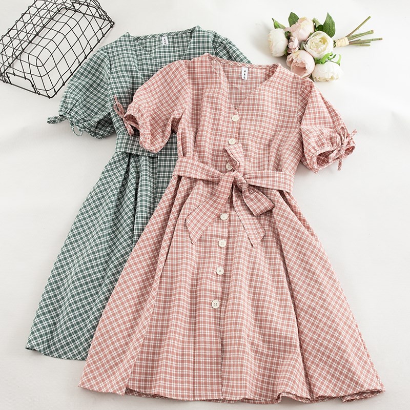 Đầm công sở kẻ ô nhí, đi chơi, đi tiệc, chụp kỷ yếu form dáng xòe caro cổ tim thắt nơ tay màu hồng xanh vàng