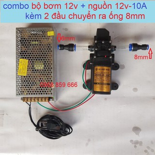 Máy bơm nước mini 12V áp lực cao + nguồn 12v-10A + 2 đầu chuyển ra ống 8mm