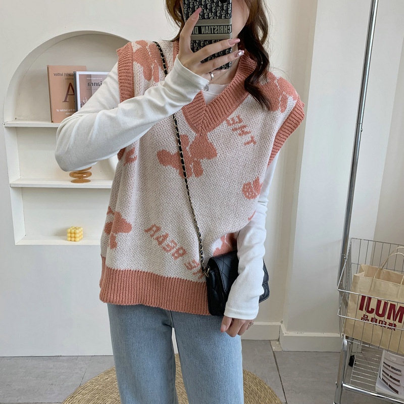 IELGY  Áo sweater Dệt Kim Không Tay Dáng Rộng In Hình Gấu Dễ Thương Cho Nữ