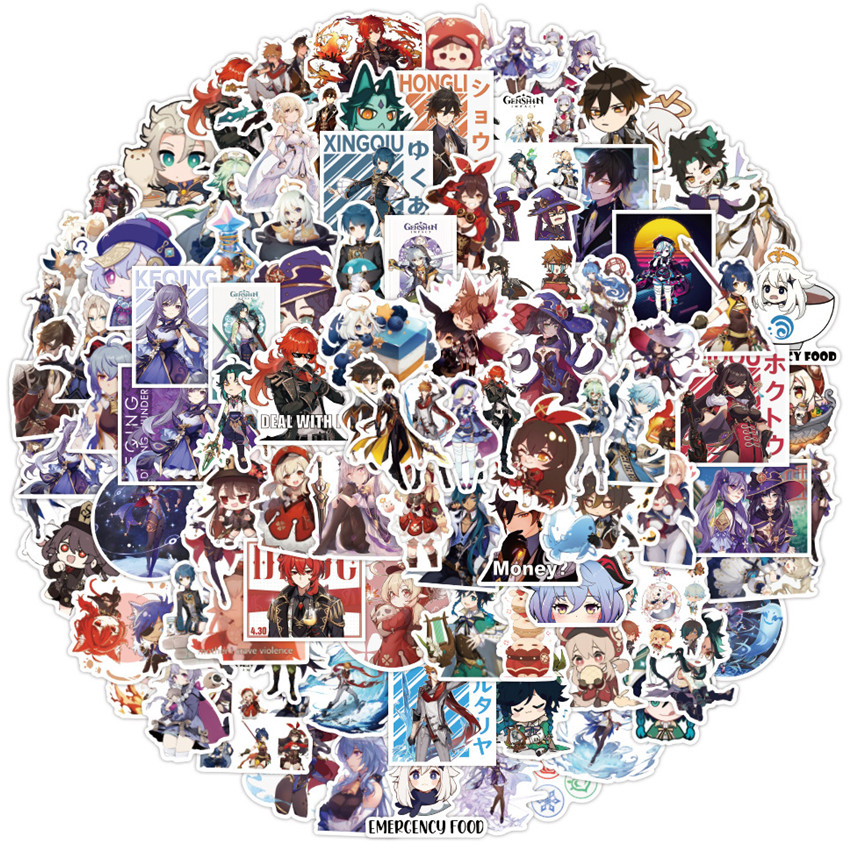 Set 100 miếng dán trang trí decal thiết kế game Genshin Impact hoạt hình phiên bản B cho hành lý máy tính xách tay DIY