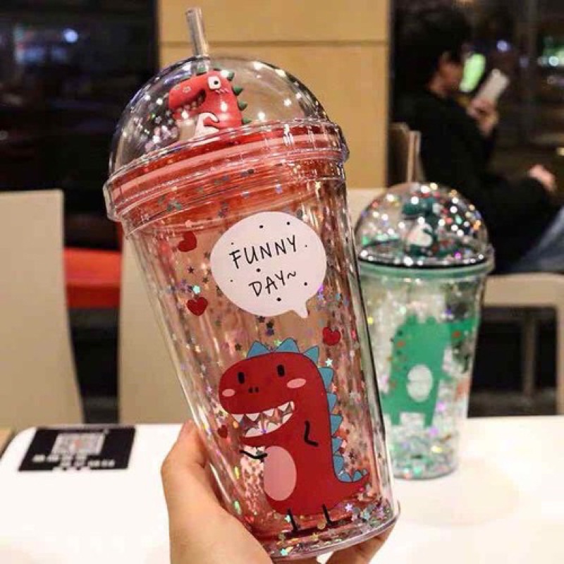 Ly đựng nước kim tuyến hình khủng long 500ml tặng kèm ống hút