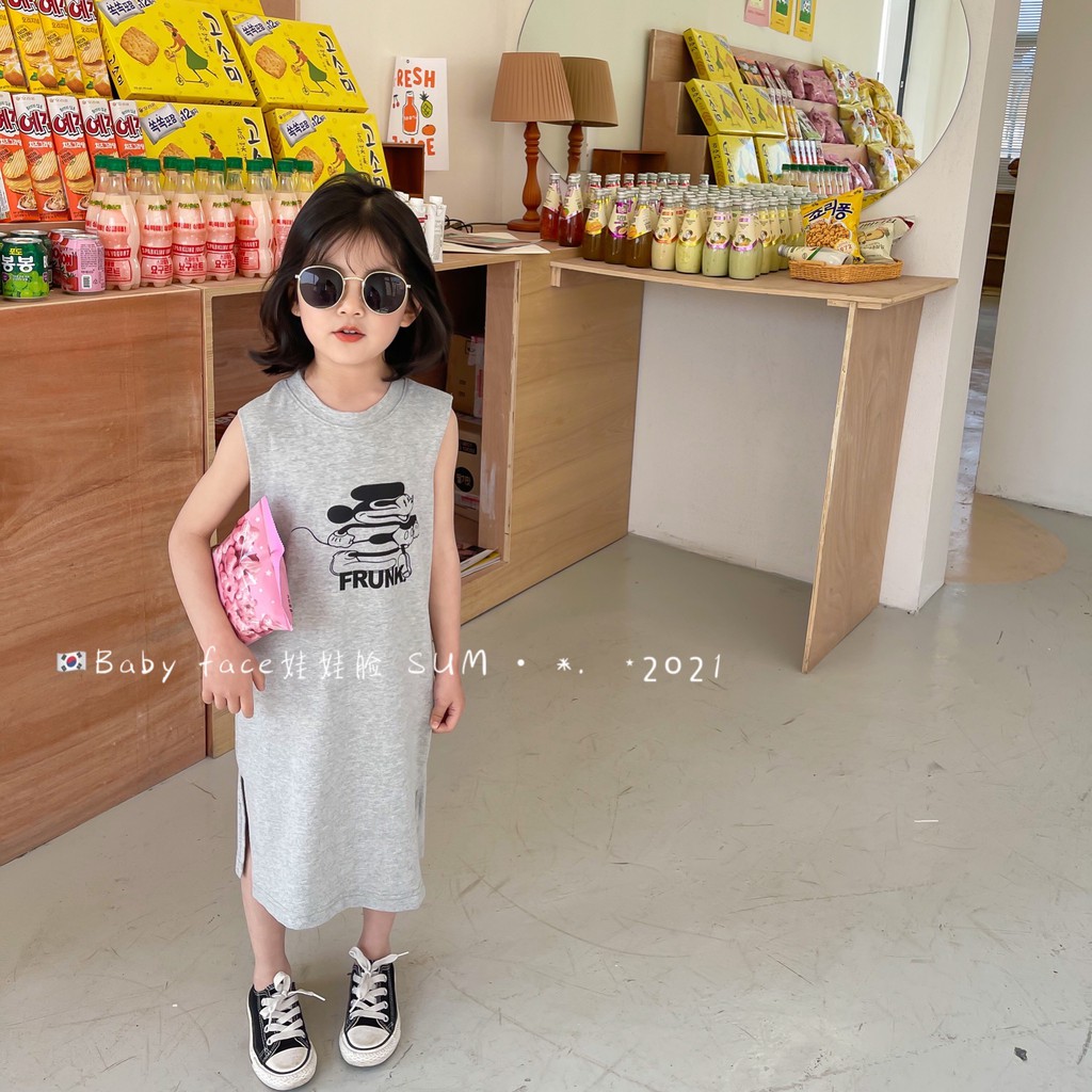 Đầm Sát Nách Họa Tiết Hoạt Hình Phong Cách Hàn Quốc Cho Bé Gái Lưng