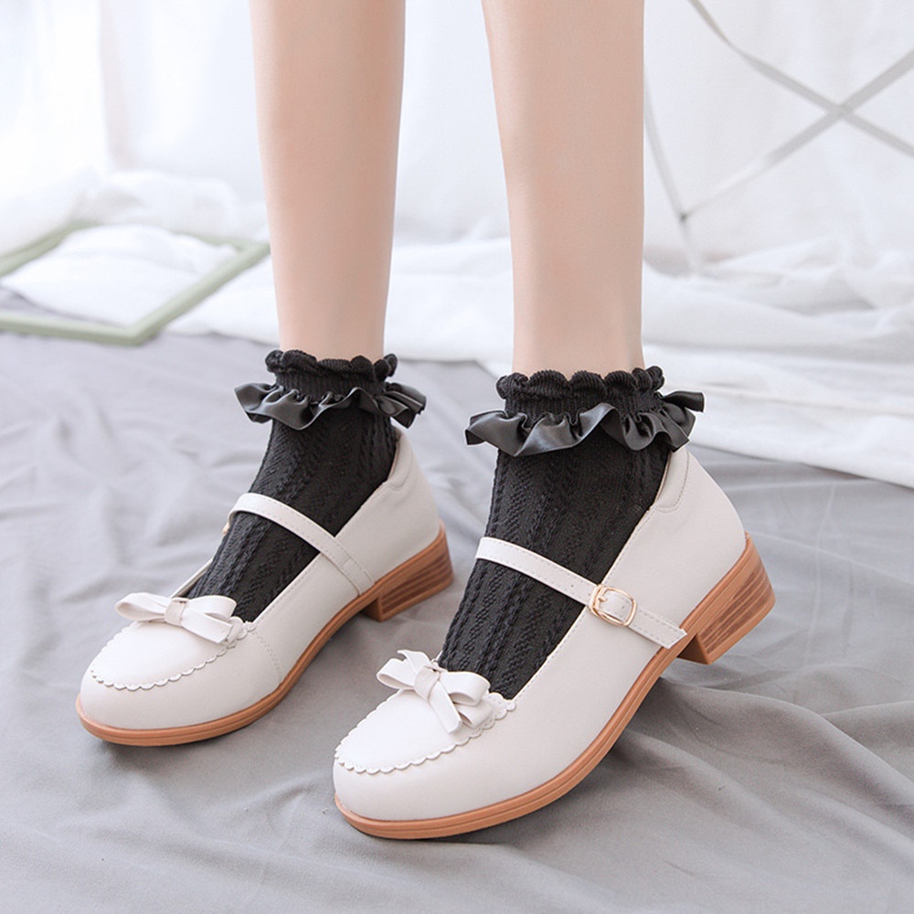 Vớ vải nylon phối bèo đính nơ họa tiết hoạt hình phong cách ngắn đáng yêu dành cho nữ