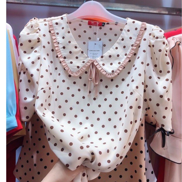 🌼 [ ẢNH THẬT] Áo sơ mi nữ chấm bi/ áo công sở nữ màu kem chất vải đẹp/ tay bồng chấm bi