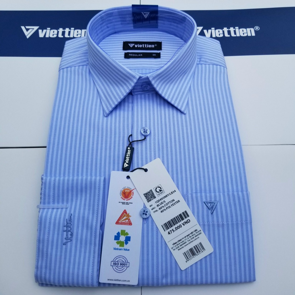 Aó sơ mi nam Việt Tiến dài tay mã 1Q0497NRY  chính hãng, cao cấp  - form suông REGULAR - tà bầu , kẻ sọc .SHOP HỨA