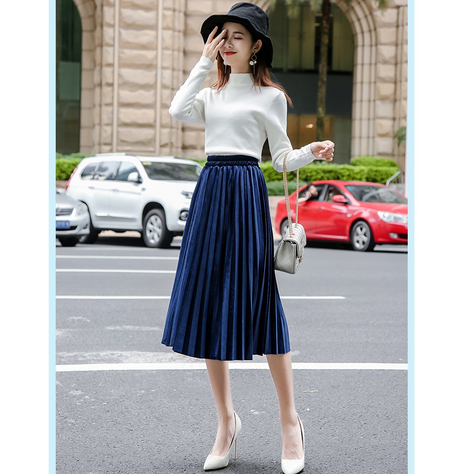 Chân váy nhung xếp ly