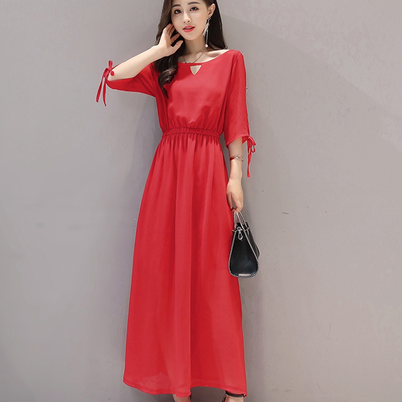 IELGY Đầm Chiffon Dáng Rộng Tay Ngắn Màu Trơn Xẻ Tà Thời Trang Cho Nữ