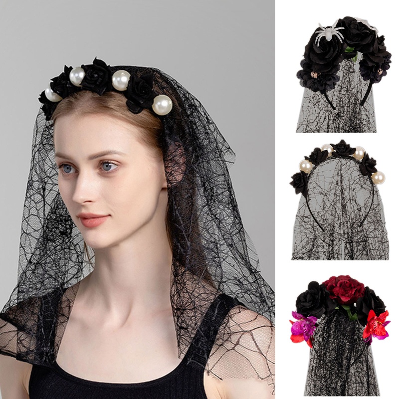 Băng Đô Ren Đính Hoa Và Mạng Che Mặt Hóa Trang Halloween