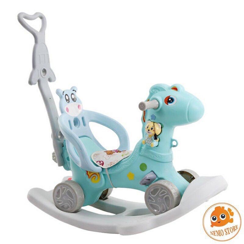 NGỰA BẬP BÊNH CHO BÉ - NGỰA BẬP BÊNH CÓ TAY ĐẨY KÈM NHẠC - CÓ BÁNH XE DI CHUYỂN