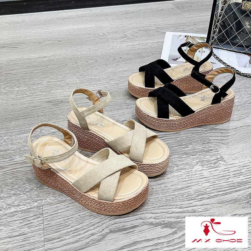 M & X~ Giày Sandal Cao Gót Đế Dày 2022 Cho Nữ Đi Biển La Mã