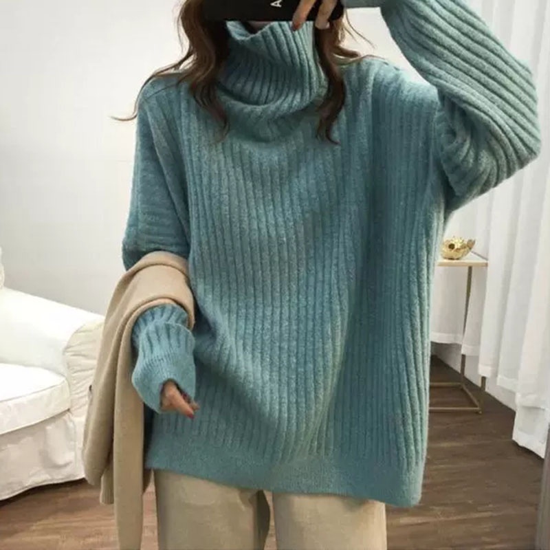 IELGYÁo Sweater Dệt Kim Tay Dài Cổ Cao Dáng Rộng Thời Trang Cho Nữ