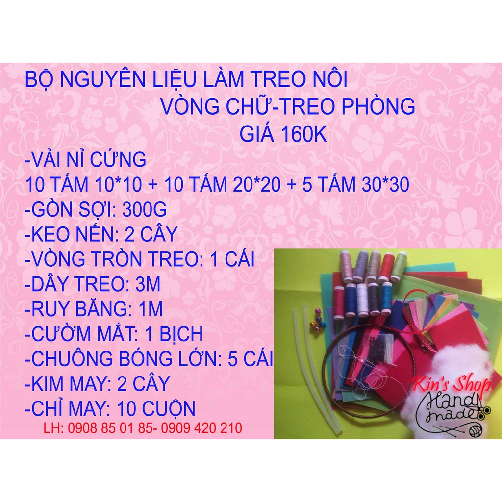 BỘ NGUYÊN LIỆU GỒM VẢI NỈ VÀ PHỤ KIỆN LÀM TREO NÔI CHO BÉ- VÒNG CHỮ TREO PHÒNG XINH XẮN