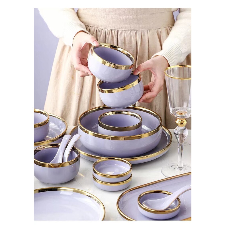 Bộ chén bát sứ cao cấp tráng men tím viền vàng phong cách Bắc Âu