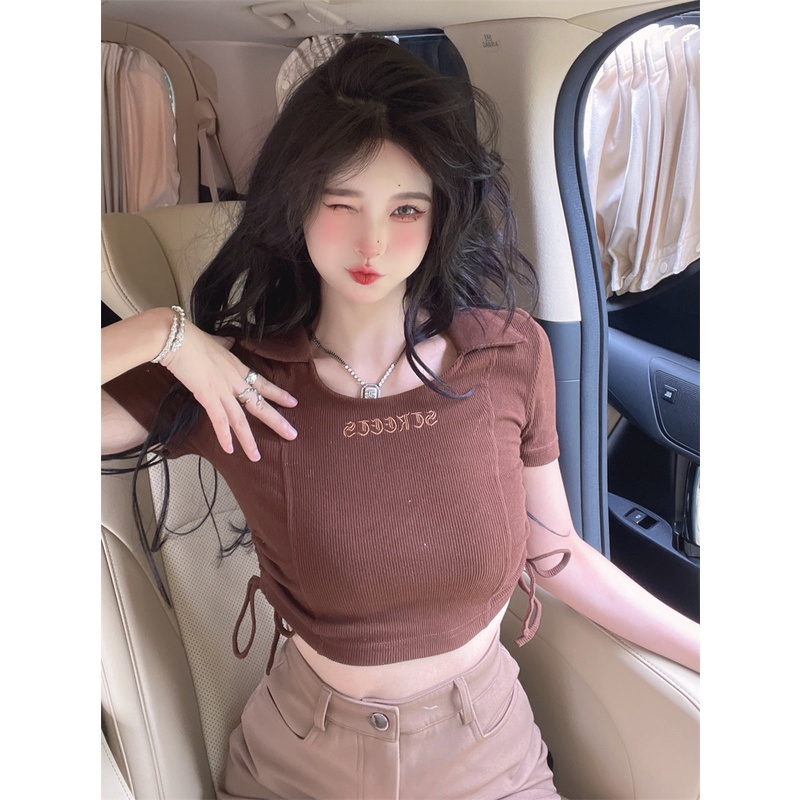 Áo croptop dệt kim QKOOLE tay ngắn dáng ôm phong cách Hàn Quốc cổ điển thời trang cho nữ