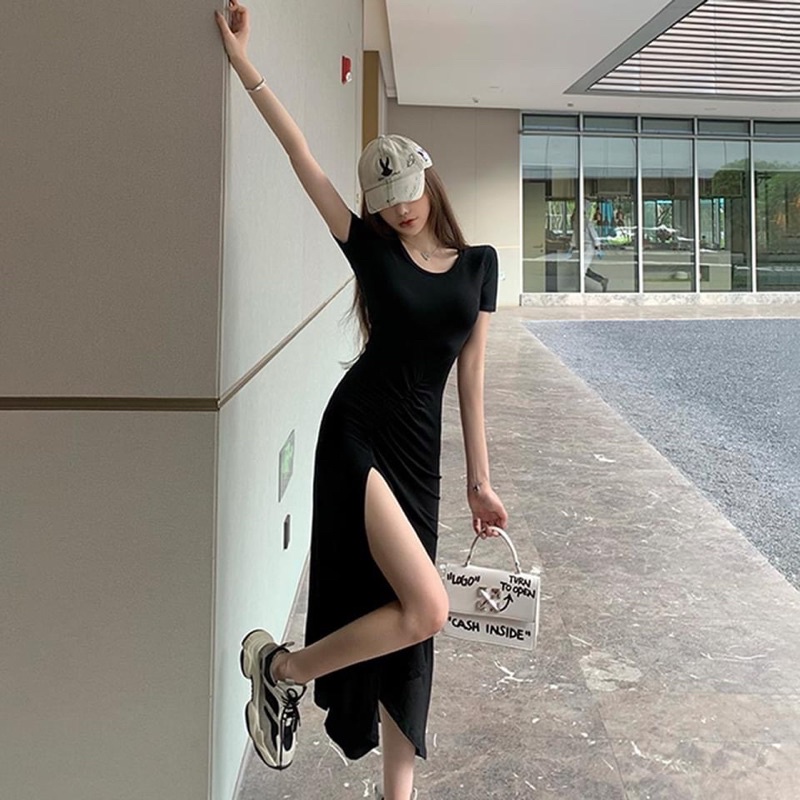 Đầm cổ tròn nhún trước xẻ tà xoè mặc đi chơi đi tiệc đều xinh