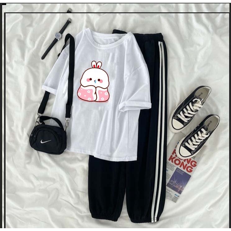 Set bộ áo thun thỏ bị cảm sao kèm quần 2 sọc bo gấu bộ chất cotton mặc mát