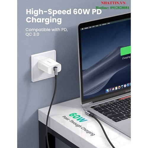 Cáp dữ liệu, sạc nhanh 60W USB 2.0 Type-C to Type-C bẻ góc 2 đầu 90 độ L dài 1M Ugreen 70529 cao cấp