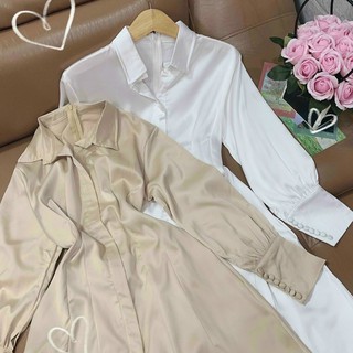 Đầm dự tiệc trắng cổ sơ mi vải phi lụa cực mềm mịn