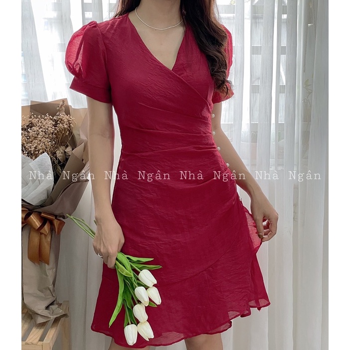 Đầm đính ngọc một bên cổ đắp đuôi bèo trắng/đen/xanh/hồng nude/đỏ