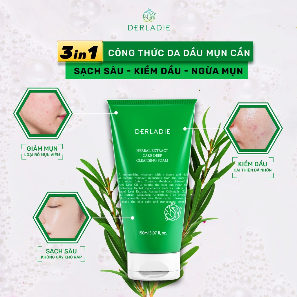 Sữa Rửa Mặt Tràm Trà Sạch Sâu, Kiềm Dầu Derladie Herbal Extract Care Deep Cleansing Foam 150ml