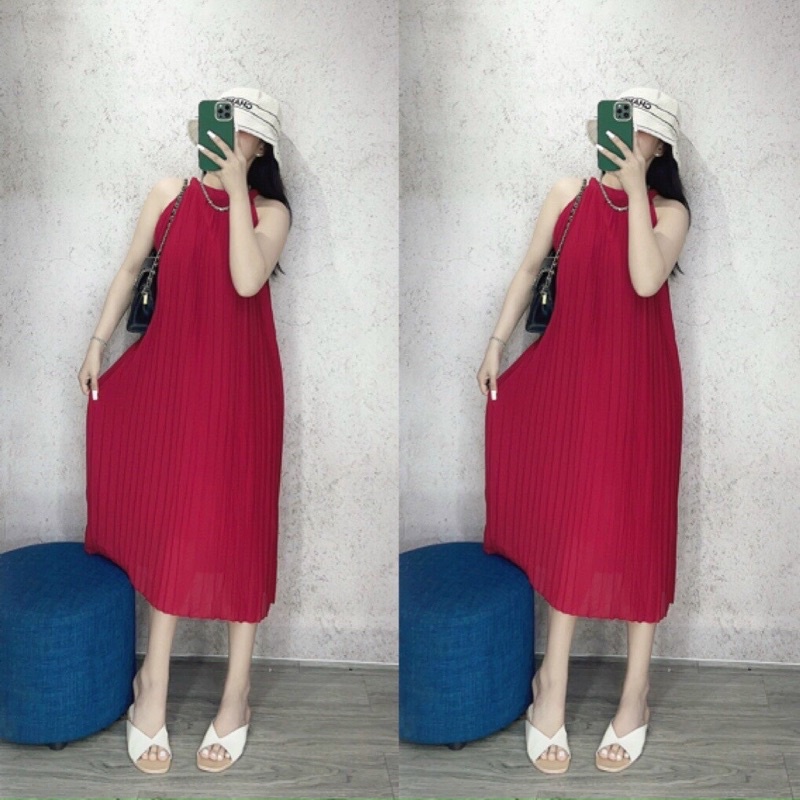 [Siêu hot]Đầm suông dập ly cổ yếm siêu cưng -bầu bí bon chen thoải mái-hình thật. alohashop91