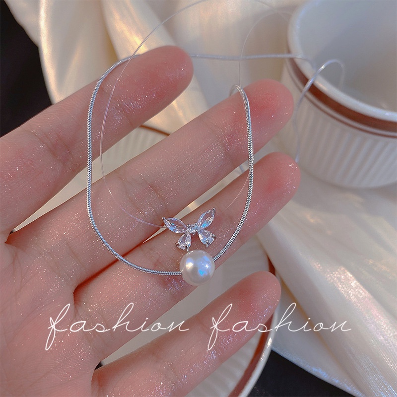 Vòng cổ Hai Lớp Mặt Hình Bướm Đính Đá Zircon Ngọc Trai Sang Trọng Thời Trang Mùa Hè 2022 Dành Cho Bạn Nữ