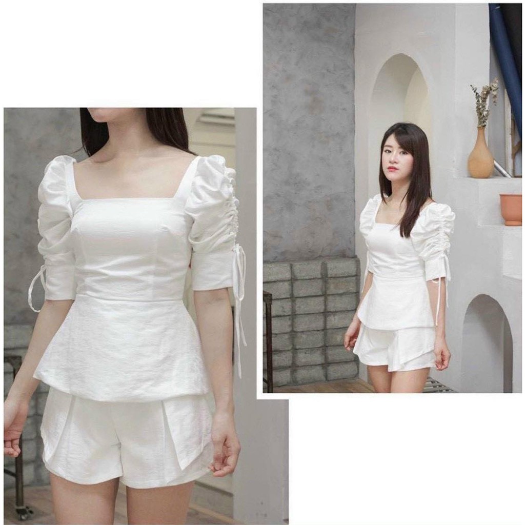 Set áo peplum cổ vuông rút dây tay + quần short