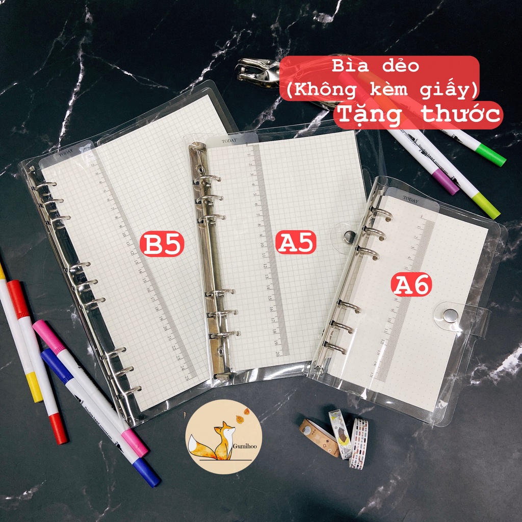 [TẶNG KÈM THƯỚC] Binder Bìa Sổ Còng Nhựa Dẻo Trong Suốt Khổ B5/A5/A6