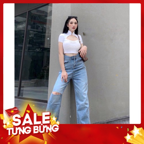 -Hàng nhập khẩu (VIDEO + HÌNH THẬT) CÒN L, XL Quần jeans nữ ống rộng cạp cao rách ngang Liên hệ mua hàng 084.209.1989