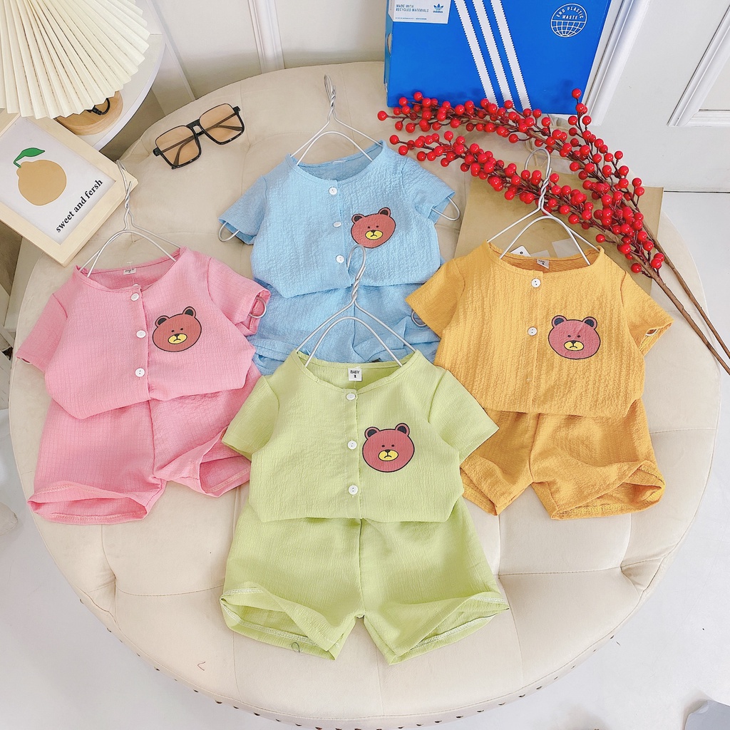 CT47 Bộ Cộc Tay Hoạ Tiết Mặt Gấu Sang Chảnh Cho Bé Chất Liệu Vải Xô Muslin Đủ Size Từ 8-18Kg VNXK Nhật-Hàn