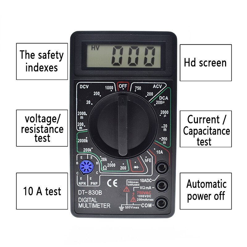DT-830B Digital Voltmeter Ohmmeter Ammeter Multimeter Handheld Tester DT830B AC DC 750/1000V Amp Volt Ohm home tester