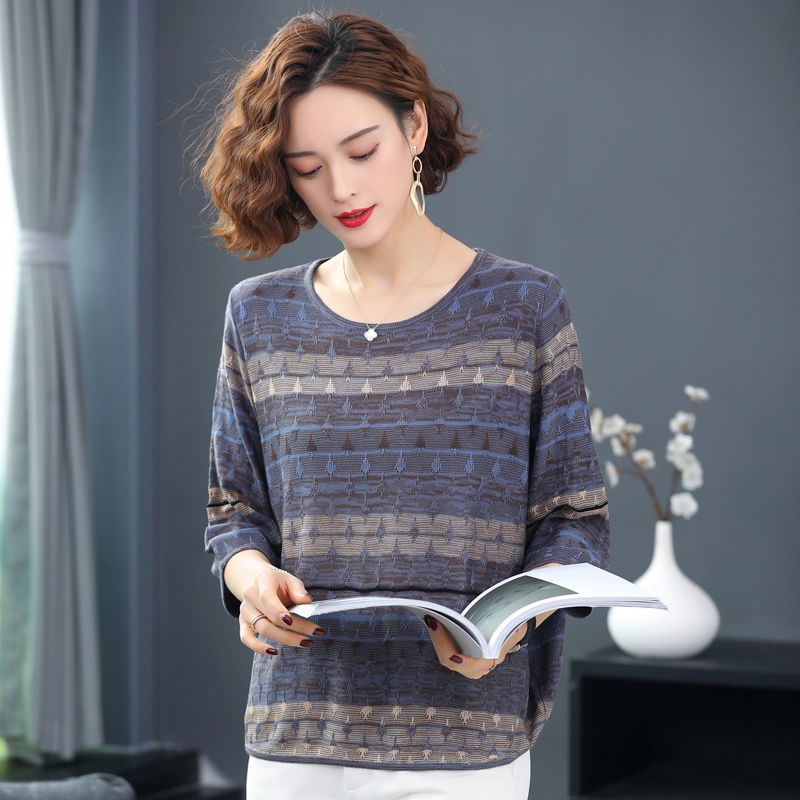 Áo thun tay dài dáng rộng họa tiết kẻ sọc thời trang cho phụ nữ trung niên