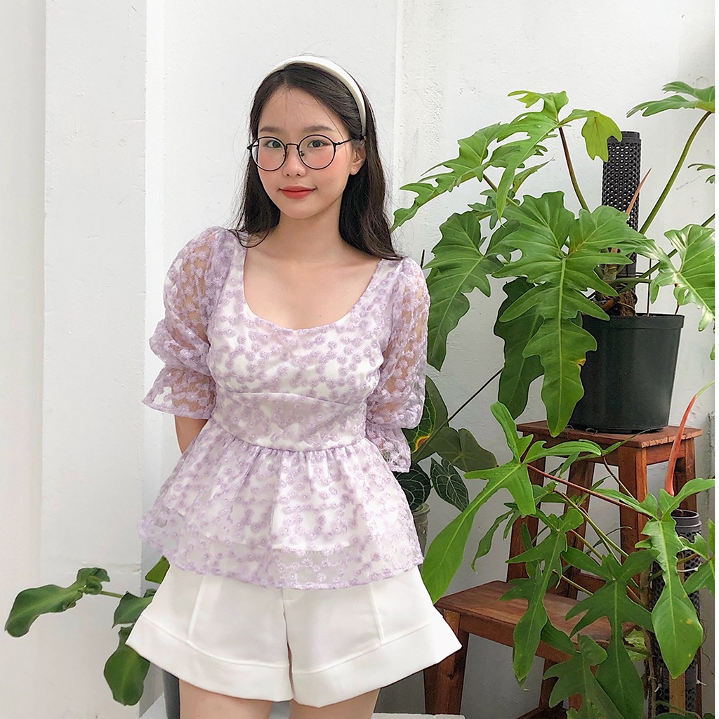 Áo kiểu nữ hoa cúc tay phồng đẹp LUCETFASHION màu xanh và tím Dala Top