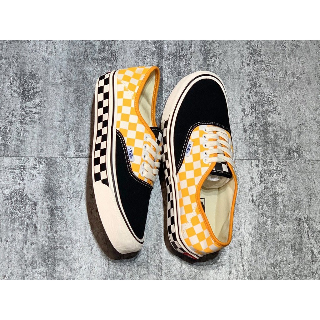 【Giá đặc biệt】VANS AUTHENTIC SF giày vải kẻ caro đen, vàng và trắng khâu đôi