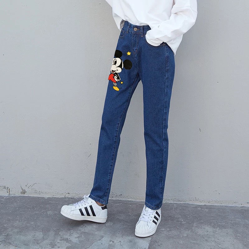 Quần jean baggy nữ in hình hoa cúc, mèo chuột mickey, kitty ngộ nghĩnh cute | BigBuy360 - bigbuy360.vn