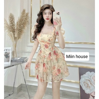 Váy tơ hoa tay bồng dáng ngắn