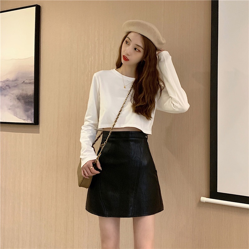 Xiaozhainv Chân váy da PU lưng cao form chữ A phong cách Hàn Quốc trẻ trung cho nữ | BigBuy360 - bigbuy360.vn