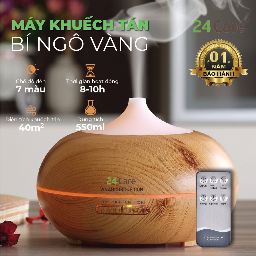 Máy khuếch tán tinh dầu 24Care hình bí ngô màu vàng công suất 10W dung tích 500ml có chế độ hẹn giờ