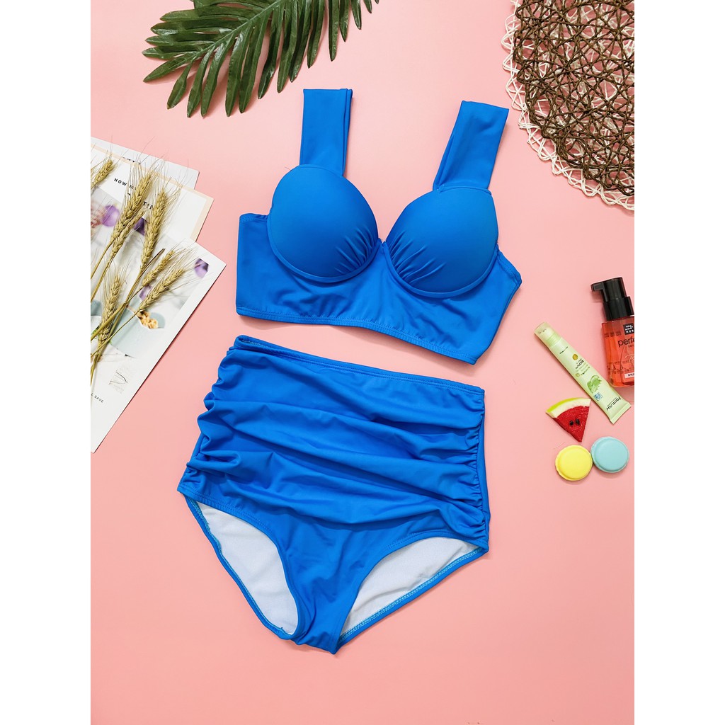 Bikini hai mảnh xanh dương ️Freeship️ bản to quần cạp cao che bụng mặc đi biển đi bơi mới nhất