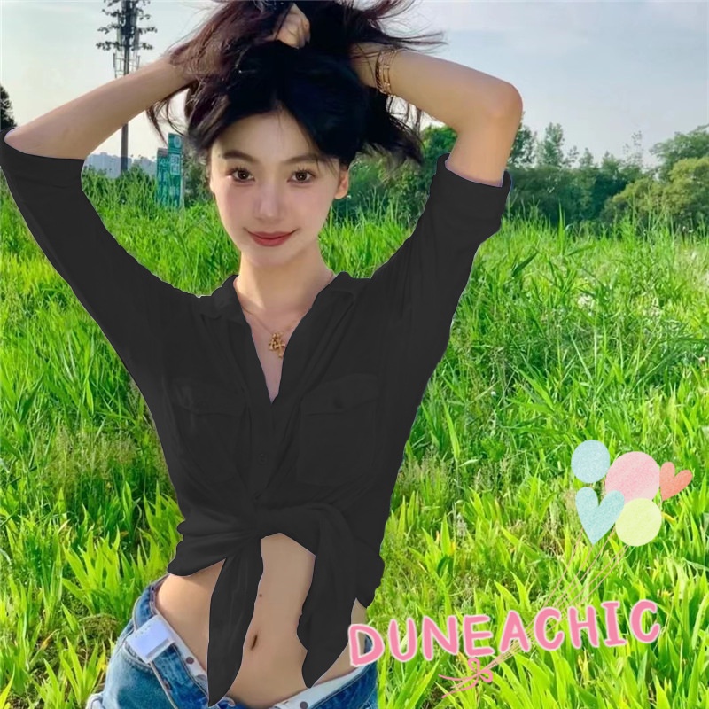 Áo sơ mi croptop DUNEA tay dài thắt nút thời trang cho nữ