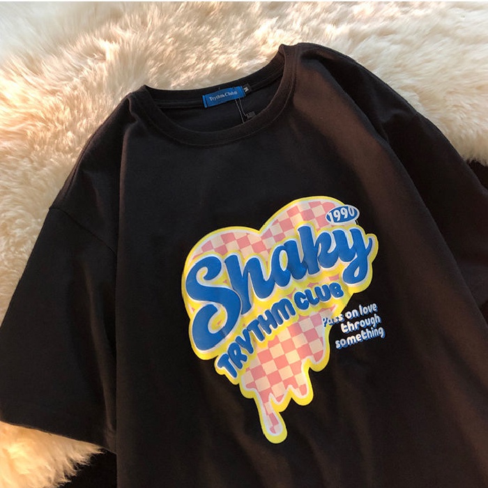 Áo thun tay ngắn dáng rộng in hình trái tim và chữ phong cách hàn quốc thời trang mùa hè cho nam và nữ