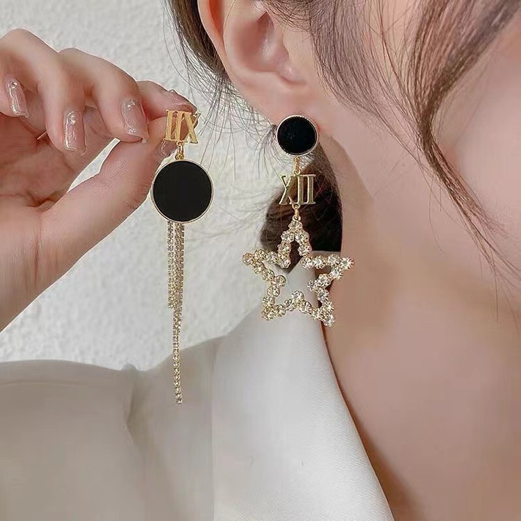 ❤zheting❤ Tai Ngôi Sao Năm Cánh Bất Đối Xứng Màu Đen Phong Cách Hàn Quốc Khí Chất niche