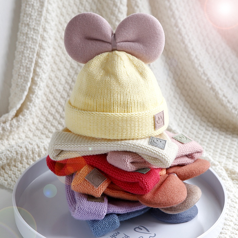Mũ trùm đầu dệt kim mềm mại đính nơ dễ thương cho bé chất lượng cao