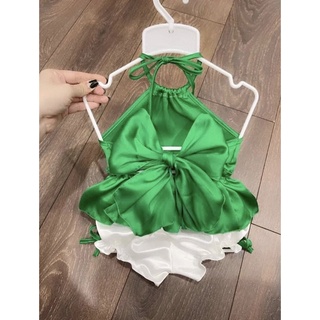 Yếm xanh nơ xinh chất lụa đẹp cho bé gái