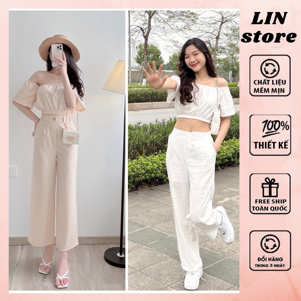 Set đồ đi biển,áo trễ vai kèm quần sang chảnh,đi chơi Linstore