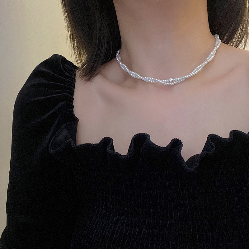 Vòng Cổ Choker Hai Lớp Đính Ngọc Trai Phong Cách Pháp Cho Nữ